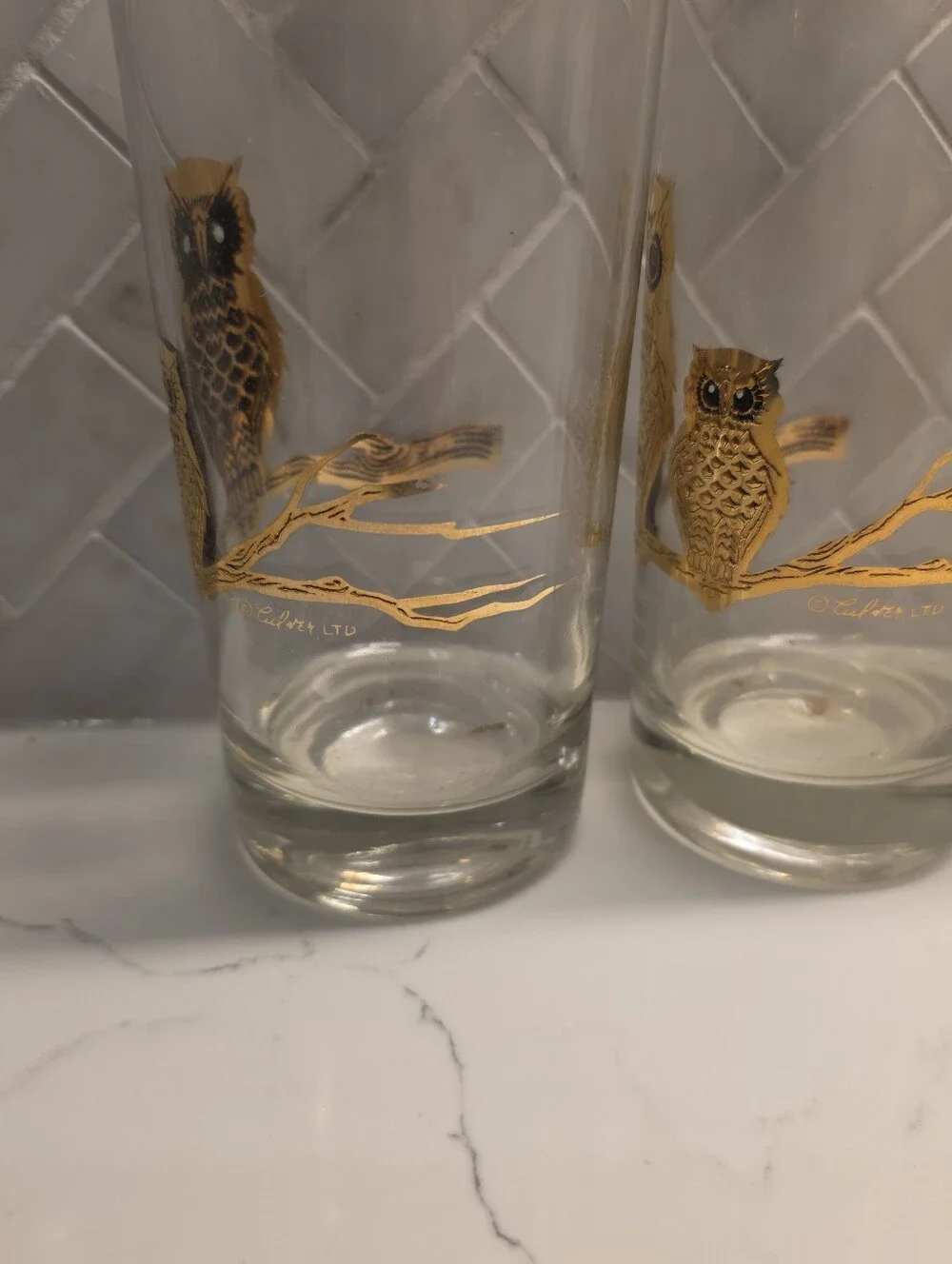 Pristine Vintage Culver 22K Gold Owl Highball Glasses - Set of 8
